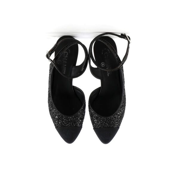 Chanel Women's CC Cap Toe Ankle Strap Slingback Pumps Glitter Leather with Grosg - Picture 2 of 6